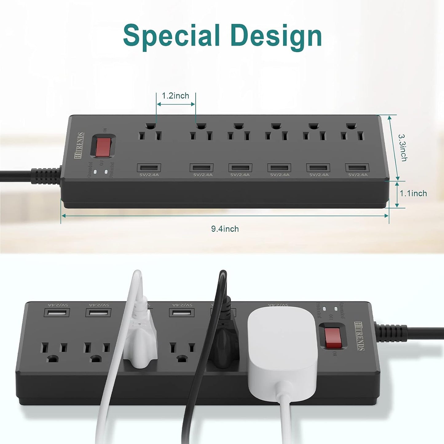 Surge Protector Power Strip with 6 AC Outlets and 6 USB Charging Ports, 6-Foot Heavy Duty Extension Cord, 1625W/13A for Home Office and Multiple USB Devices - Black