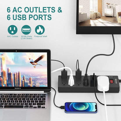 Surge Protector Power Strip with 6 AC Outlets and 6 USB Charging Ports, 6-Foot Heavy Duty Extension Cord, 1625W/13A for Home Office and Multiple USB Devices - Black