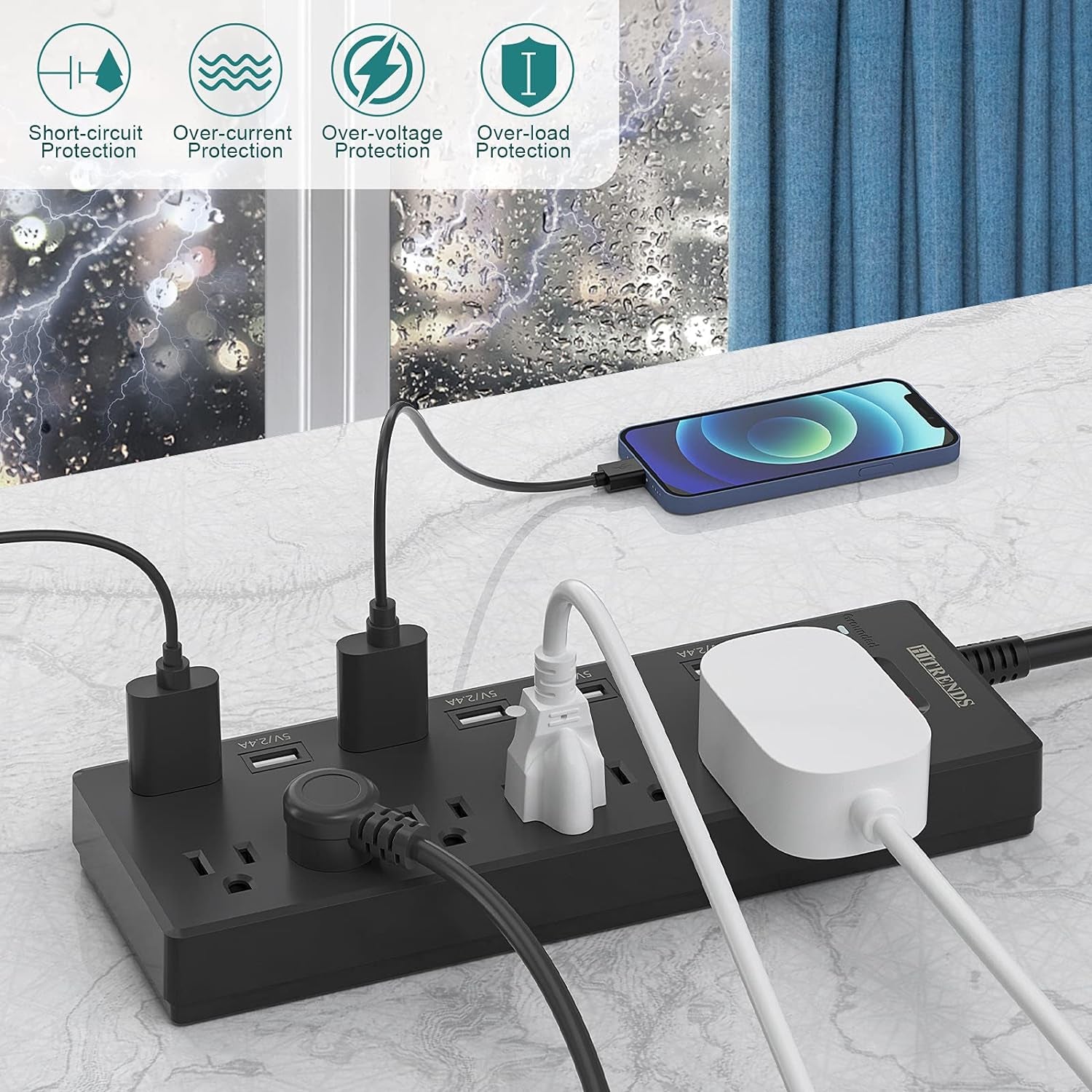 Surge Protector Power Strip with 6 AC Outlets and 6 USB Charging Ports, 6-Foot Heavy Duty Extension Cord, 1625W/13A for Home Office and Multiple USB Devices - Black