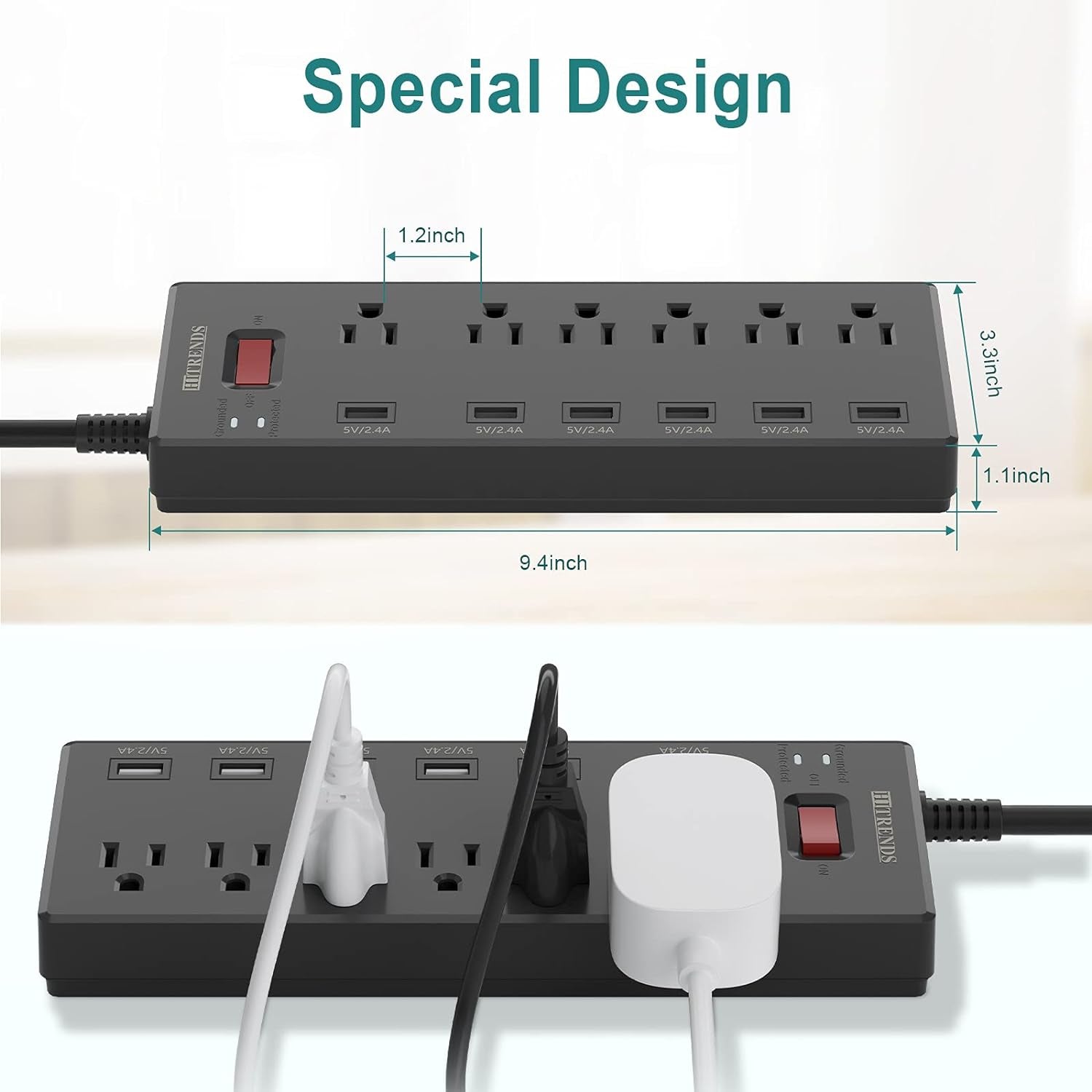 Surge Protector Power Strip with 6 AC Outlets and 6 USB Charging Ports, 6-Foot Heavy Duty Extension Cord, 1625W/13A for Home Office and Multiple USB Devices - Black