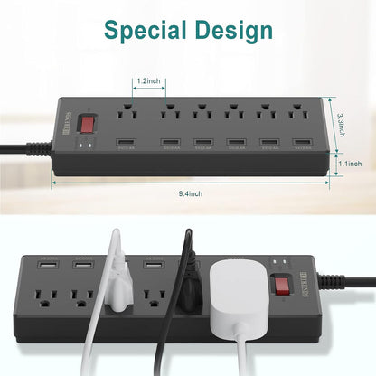 Surge Protector Power Strip with 6 AC Outlets and 6 USB Charging Ports, 6-Foot Heavy Duty Extension Cord, 1625W/13A for Home Office and Multiple USB Devices - Black