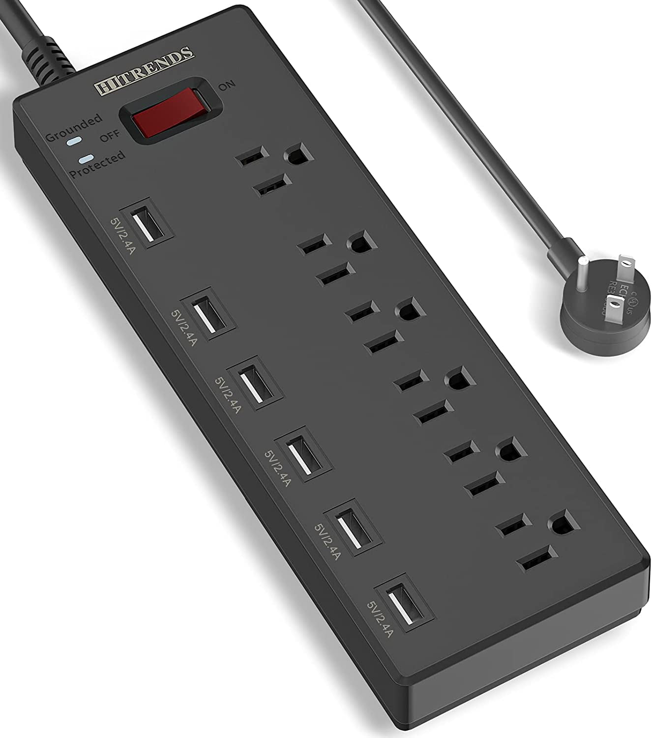 Surge Protector Power Strip with 6 AC Outlets and 6 USB Charging Ports, 6-Foot Heavy Duty Extension Cord, 1625W/13A for Home Office and Multiple USB Devices - Black